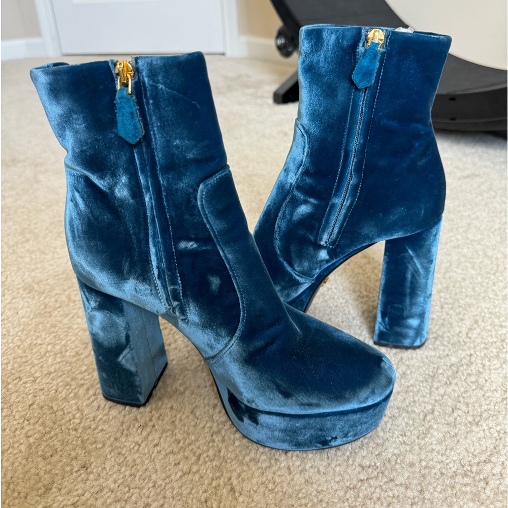 Prada blue velvet boots